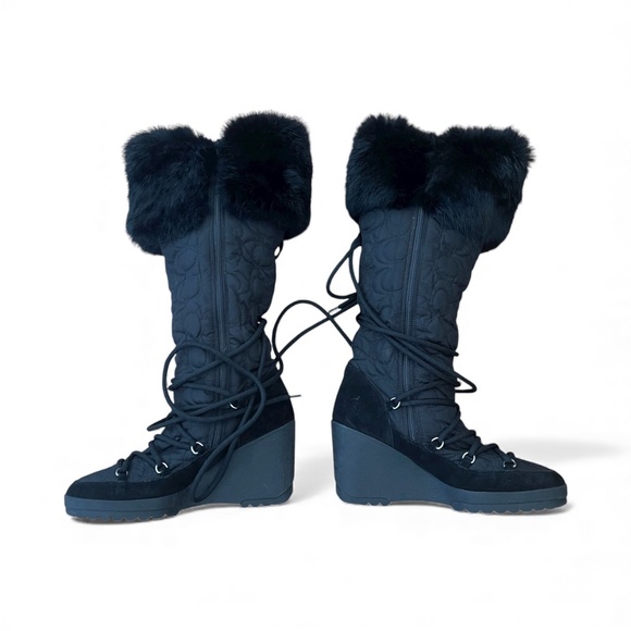 EUC Coach Sofie Black Wedge Heel Boots Quilted Fur Chic Goth Classic Winter Sz6B - Picture 3 of 9